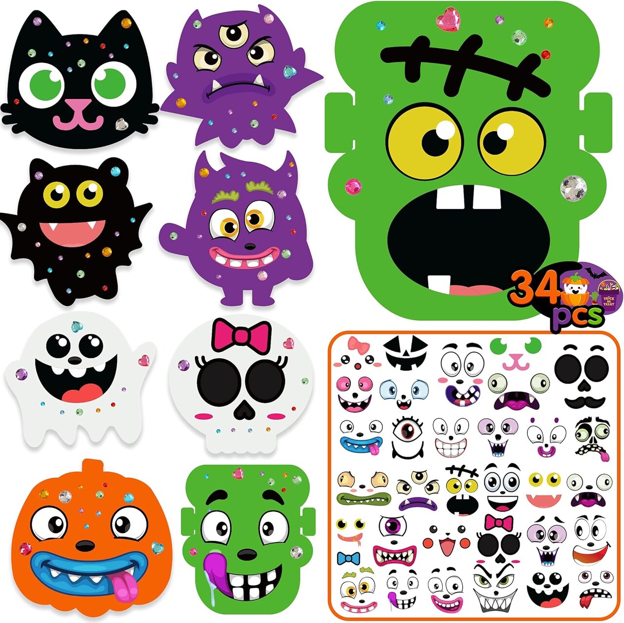 32PCS Halloween Foam Craft Kit for Kids – Self-Adhesive Pumpkin, Ghost, Cat & Bat Sticker Sets with Expression Faces & Diamond Stickers, DIY Halloween Party Decorations, Classroom Activities & Party Favors